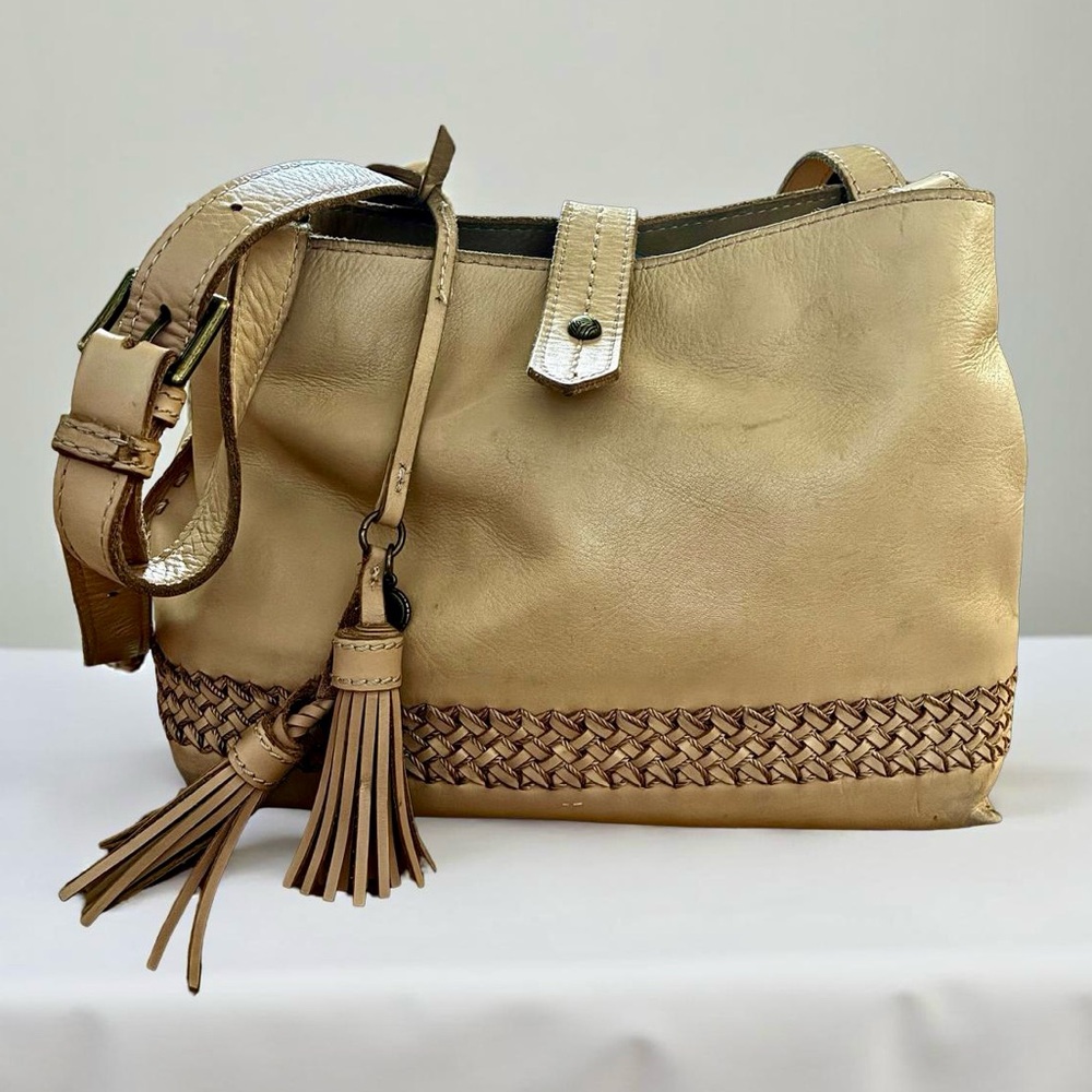The Sak Tan Leather Shoulder Bag with Woven Detail